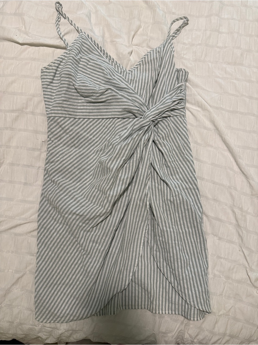 Altar'd State Striped Twist-Front Mini Dress in Light Gray and White